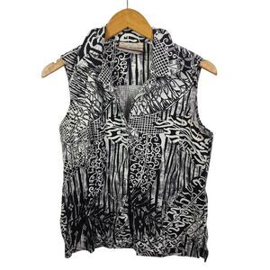 Vintage Pearl Head Bay Black White Abstract Print Sleeveless Button Down  Top